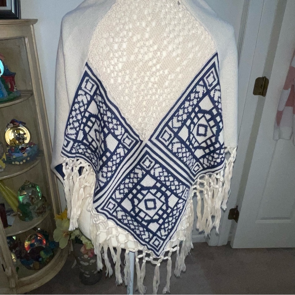 Bohemian Fringe SouthWestern Flying Tomato Poncho Poncho Sz S. Blue/Cream